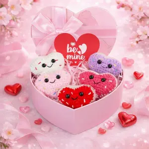 Mother's Day Crochet  Set Heart Box Women Her Mom Knitted Anniversaries  Love 5 count Hand Knitted Crochet Yarn Figurine Be Mine Card Him Birthday Decor(Confetti Heart)