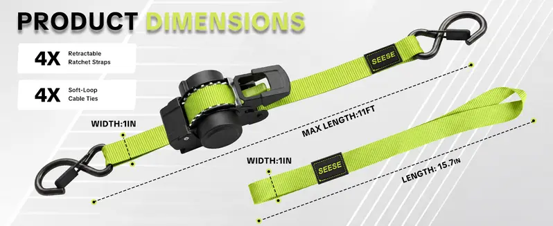 SEESE Sturdy Retractable Ratchet Straps  1"x 11 ft-1550 LB Break Strength Cargo Straps for Moving Appliances, Lawn Equipment, Motorcycle Green ,Halloween gifts