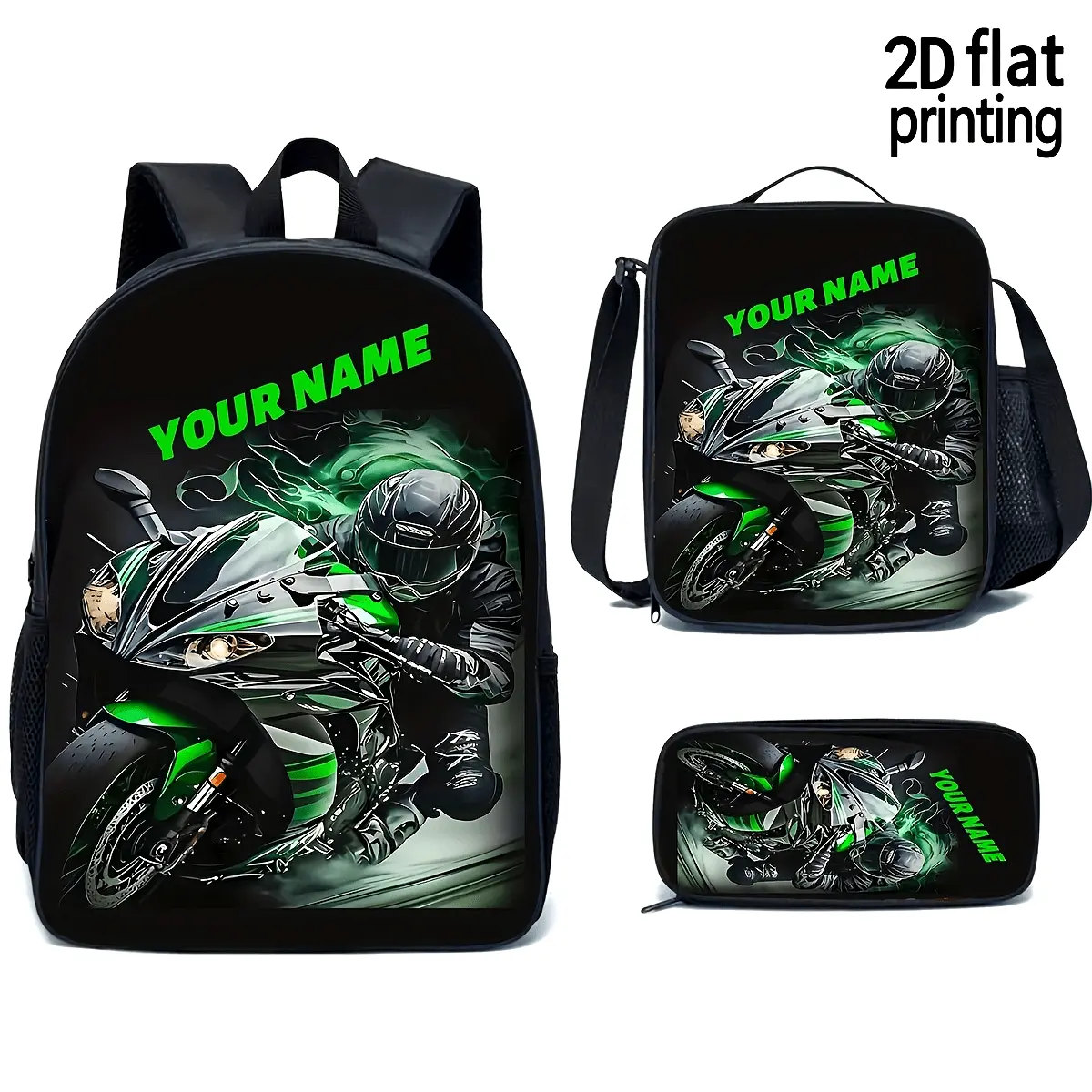 Custom Name Green Sport Bike 3-Piece Oxford Cloth Set - Adjustable Padded Shoulder Straps Backpack, Top Handle, Personalized Motorcycle Print Lunch Bag, Pencil Case for Campus Life & Kids Riders, 3Pcs Set