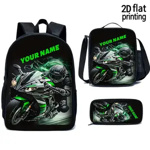 Custom Name Green Sport Bike 3-Piece Backpack Set, Personalized Motorcycle Print School Bag + Lunch Bag + Pencil Case, Oxford Cloth Adjustable Strap Daypack for Riders & Kids