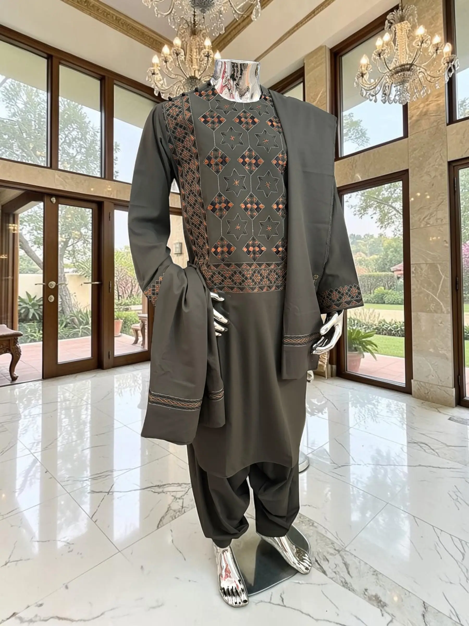 Large Hand Embroidered Dark Green Afghan Parahan Tunban Set with Matching Chadder