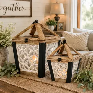 Autumn Alley Wooden Candle Lantern Set of 2 – Rustic Farmhouse Table & Fireplace Décor