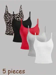 5-piece set of solid color and leopard print versatile base camisole top for teenagers, simple and versatile, comfortable and casual, suitable for all seasons, machine washable and dry cleanable
