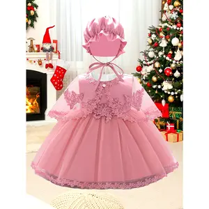 1pc Girls' Elegant Lace Dress for Special Occasions, Polyester A-Line Knee-Length Gown with Round Neck and Regular Sleeves, Cute Solid Color Party Dress with Belt for Infants and Toddlers