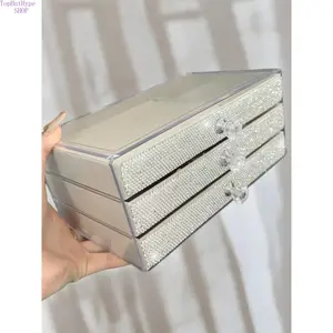 Luxury Bling Rhinestone Velvet Jewelry Box, 3-Layer Drawer Transparent Organizer, Premium Stylish Storage Case for Earrings & Studs, Elegant Dustproof Decor for Vanity, Dresser & Bedroom