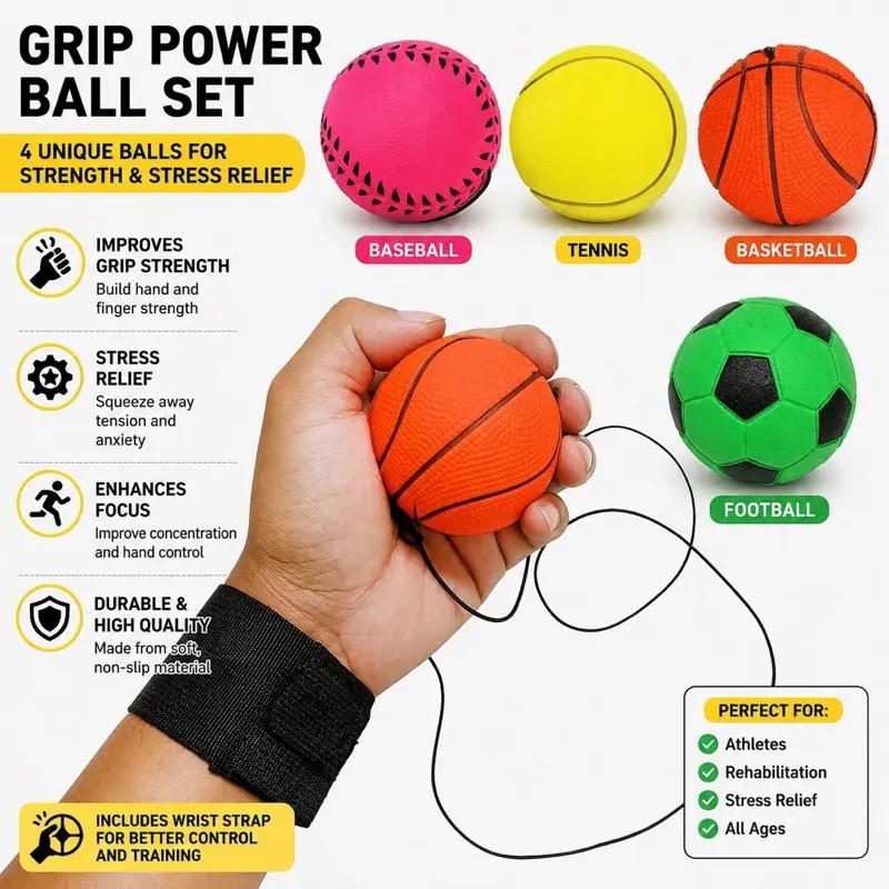 Sports Grip Power Ball Set with Wrist Strap - Hand Strength Trainer for Basketball, Baseball, Tennis, Stress Relief Exercise