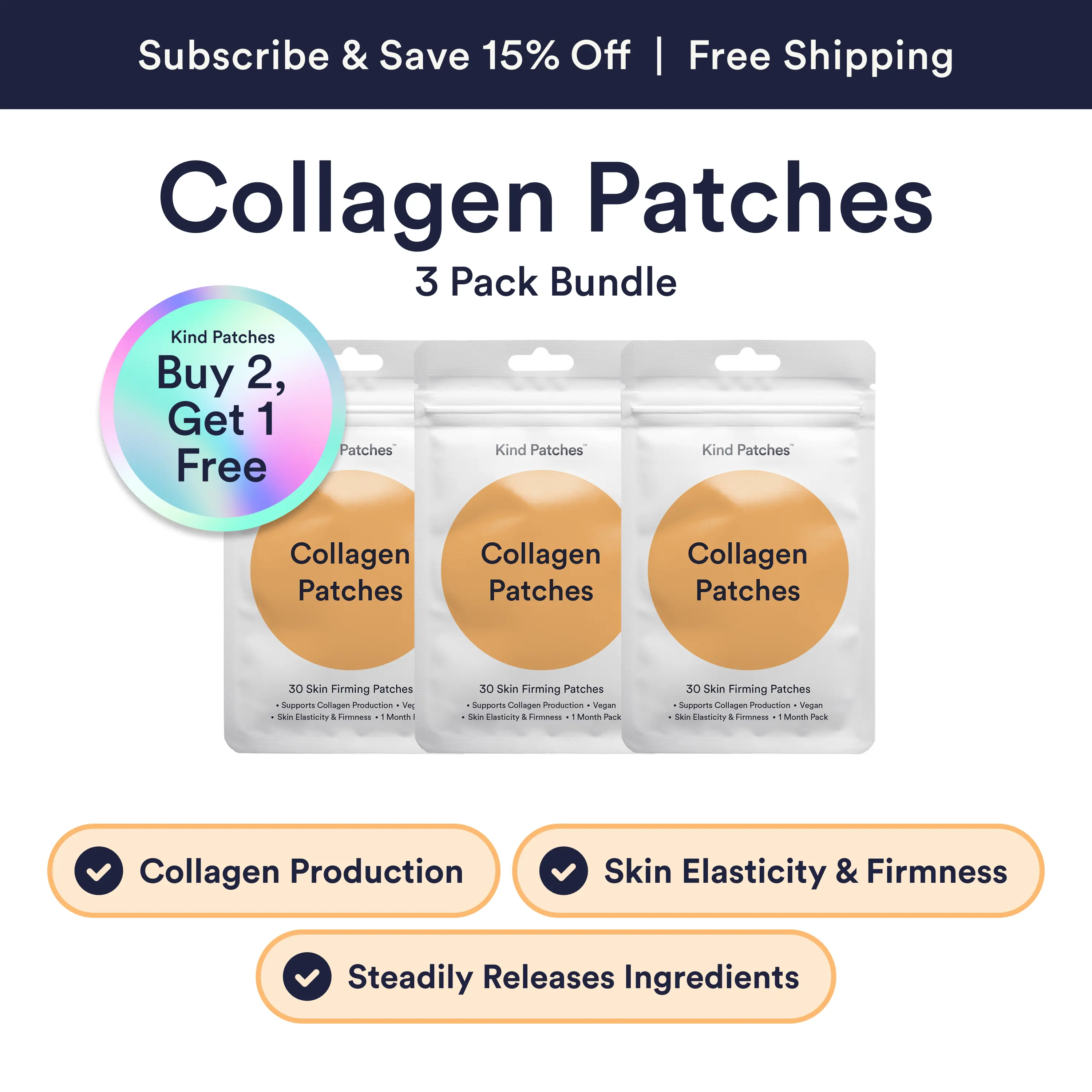 3 Packs of Kind Patches Collagen Patches, Supports Collagen Production, Vegan, Skincare, Skin Repair, 3 Months Supply