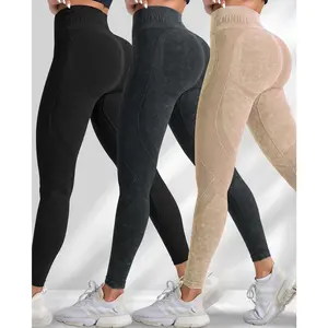 Women's Seamless Yoga Pants Combo Pack, Sand Washed Quick Dry Hip Lifting Letter Print Tight Fitness Sports Leggings