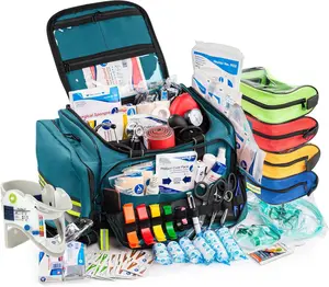 Fully-Stocked First Responder Professional Advanced EMT/EMS Trauma Kit | Reflective Bag w/10+ Compartments, Zippered Pockets & 250+ First Aid Supplies (Blue)