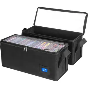 CD Case Holder with Handles and Clear Lid, 2-Pack Black – CD Storage Box with Label Slots, Portable Organizer for Media Collection and Efficient Storage