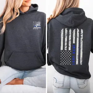Personalized Police Hoodie Thin Blue Line Family Bleeds Blue American Flag, Custom Gifts for Police Wife, Police Girlfriend Shirt