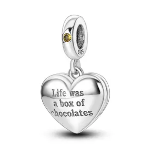 MULA Inspirational Quote Pendant - 925 Silver Plated Chocolate Box Heart Pendant, a meaningful gift for women, suitable for Pandora bracelet