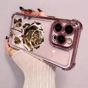 Protective Shockproof Cellphone Casing - Luxury Electroplated 4-Corner Anti-Shock TPU Flexible Shell with Gold Rose Print, Elegant Customized Accessory for IP12/13/14/15/16 Pro, IP17 Pro Max outdoorfun