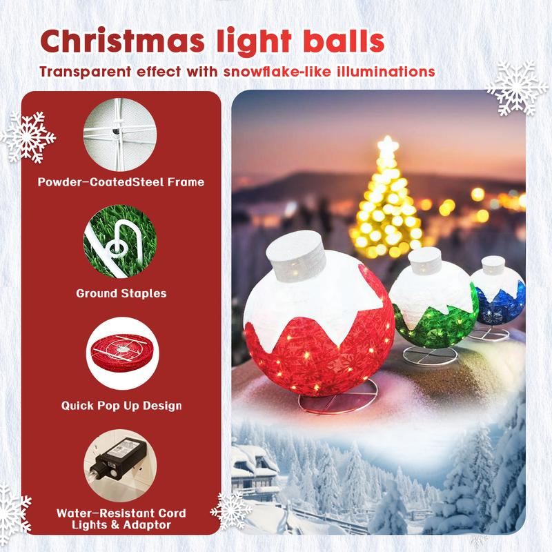 Christmas Outdoor Decoration, Christmas Ball lights, 3-Piece Pop-Up Christmas Ball Set with 184 LED Lights, Pre-Lit Iridescent, 3D Glittered Standing Holiday Display for Outdoor Ornaments