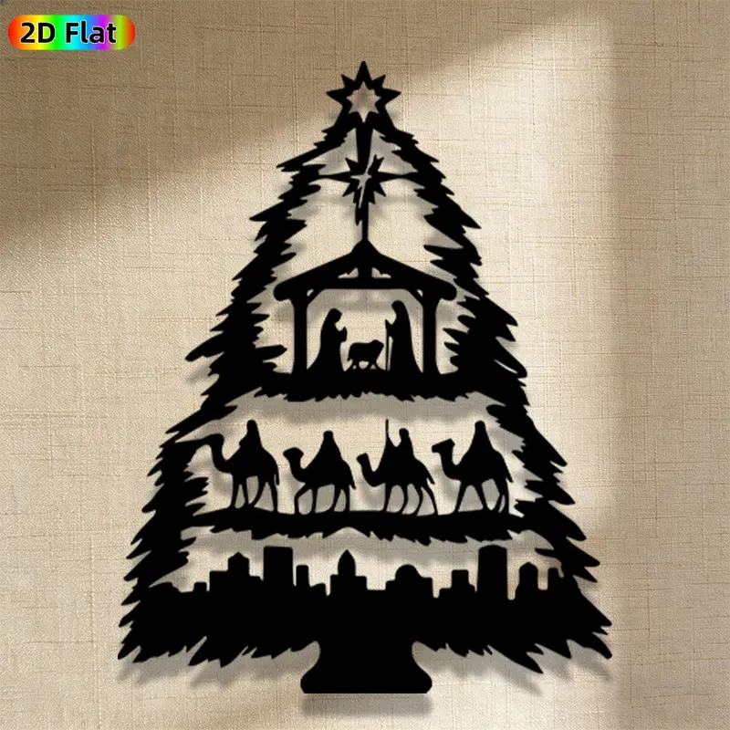 1pc Romantic Nativity Scene with Camels Under Christmas Tree Metal Wall Art, Romantic Nativity Scene with Camels Under Christmas Tree Statue Mural,Perfect for Living Room, Garden, Housewarming Decor, Christmas Decor, Ideal Gift for Religious Believers
