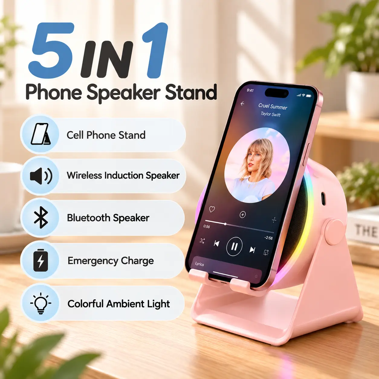 Lentorgi 5-in-1 Multifunctional Portable Speaker Stand - Adjustable Rotatable Wireless Induction Holder, LED Light, 360° Rotation, Rechargeable Batteries, Hands-Free Calls, Surround Sound, Cooking Tools and Gadgets for Women