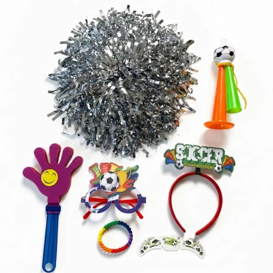7-Piece Metallic Felt Soccer Cheering Trophy Props Set - Compact Portable Festive Home & Party Supplies with Woven Bracelets, Soft Headband, Decorative Items, Retractable Cheer Horn, Rhythmic Clapping Device, Ideal Gift for Adults, Holiday, Perfect Gift,