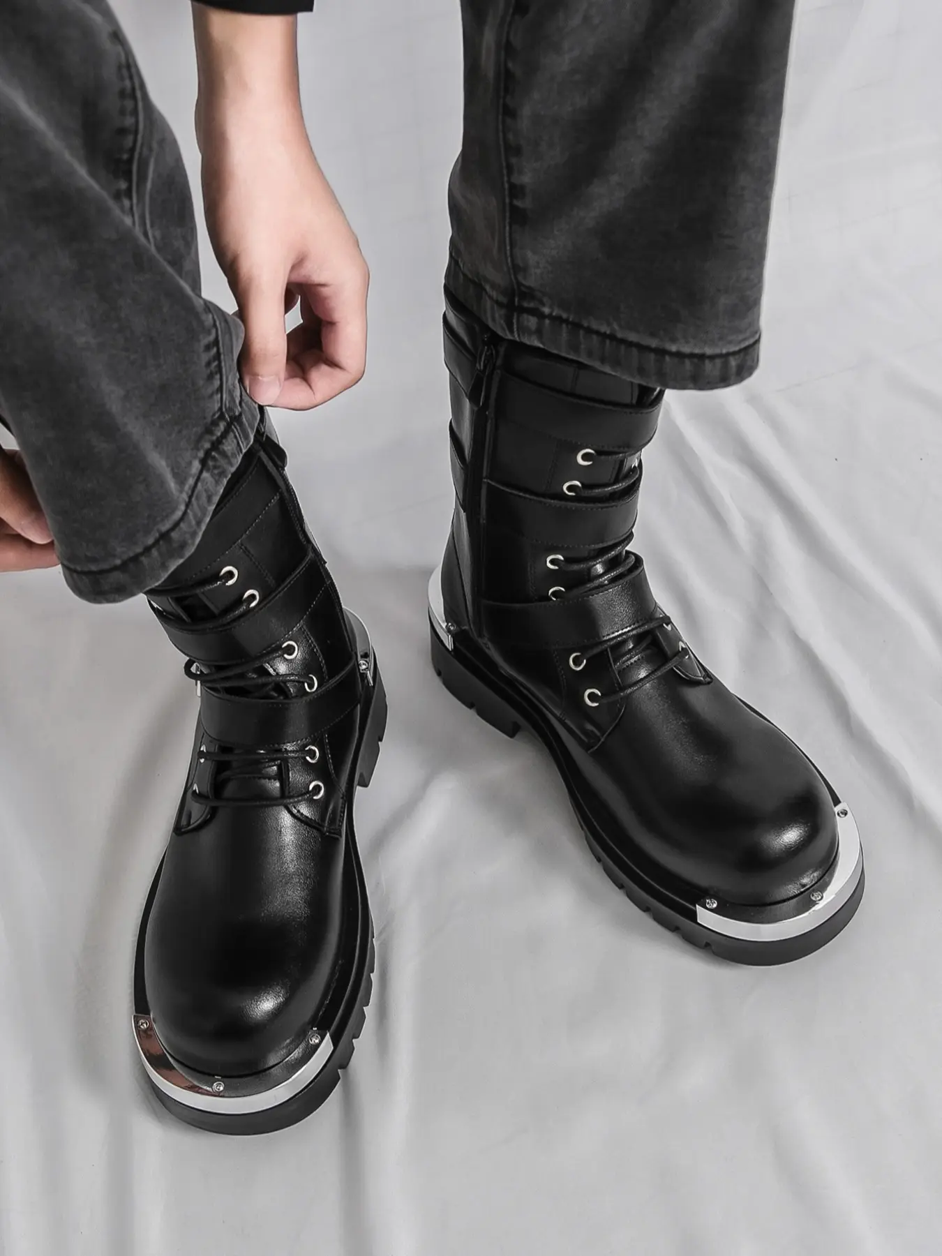 Men's Punk Style Motorcycle Boots with Metal Belt Buckle, Thick Sole Casual Fashion Shoes, Height Increasing Trendy Boots - TikTok Shop Men's Punk Style Motorcycle Boots with Metal Belt Buckle, Thick Sole Casual Fashion Shoes, Height Increasing Trendy Boots - TikTok Shop