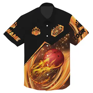 Hawaiian Bowling Shirts Custom Name Flame Bowling Shirt, Personalized Bowling Team Shirts, Trendy Hawaiian Shirt for Men and Women, All over Print Hawaiian Perfect for Beach, Vacation, or Casual Summer Outfit