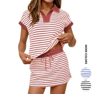 Aswulk Womens Striped 2 Piece Outfits Casual Sweatshirt Skirt Set Short Sleeve Skort Workout Set Matching Lounge Sets