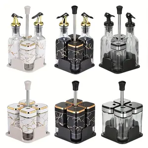 Modern 5-Piece Kitchen Gadgets Set - Square Shape Rotating Lid Salt Shaker, Stainless Steel Seasoning Canister, Leak-Proof Oil and Vinegar Bottle with Multiple Pouring Options, Ideal for Cooking, Grilling,summervibes Syrup Pump Dispenser