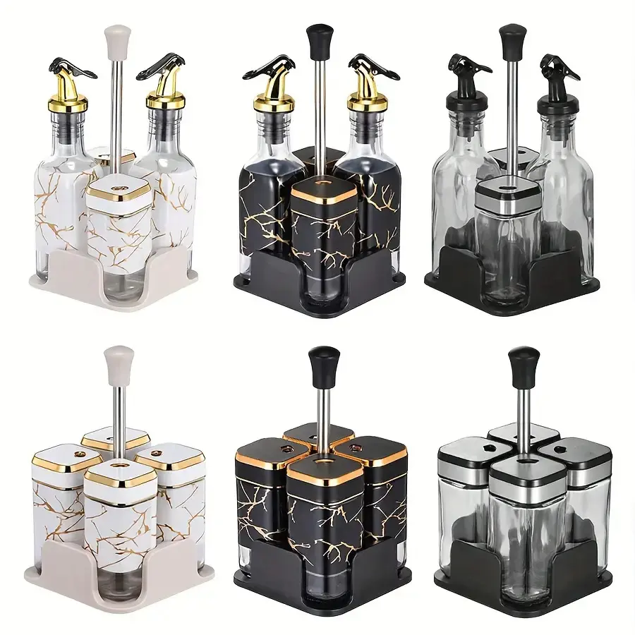 Modern 5-Piece Kitchen Gadgets Set with Countertop Storage - Square Rotating Lid Salt Shaker, Stainless Steel Seasoning Canister, Leak-Proof Multi-Pour Oil & Vinegar Bottle, Syrup Pump Dispenser for Cooking, Grilling