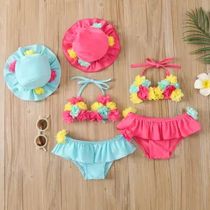 Infant Baby Girl Swimsuit Flower Halter Triangle Tops Ruffle Bottoms Sun Hat Bikini Set Bathing Suit Beach Outfits