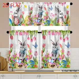 3pcs Bohemian Filtering Kitchen Curtains Suitable for Easter Spring Mother's Day Valances, Pocket Valance Panels with Machine Washable Polyester Fabric, Semi-Sheer Window Treatments for Various Room Types Home Decor