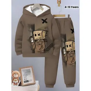 Boys' Suit - Stripped Masked Figure Print Pattern Hoodie and Joggers 2pcs Set - Casual Long Sleeve Outfit, Spring and Autumn Seasons, Ideal, Ideal Outdoor