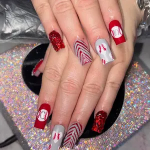 Custom Baseball Nails - Red & White Design with Baseball Motif, Glitter Finish, and Unique Patterns
