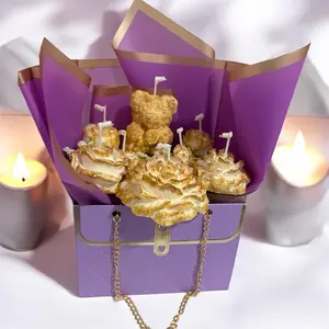 Candle Flower Bag - Decorative Floral Arrangement with Gold  and White Flowers in Gift Box - Elegant Wax Bouquet for Special Occasions crush Scented Soy mothers day