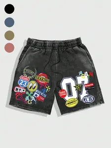 Men's Vintage Washed Cotton Fashion Shorts, Unisex Graphic Print Design, Street Style Streetwear Savage Elite Pants, Casual Summer Wear