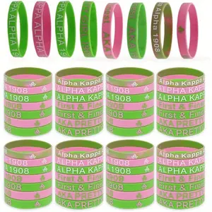 56 Pieces AKA Bracelet - AKA Sorority Gifts For Women - AKA Gadgets For Alpha Kappa Alpha - AKA Silicone Bracelet Charms Paraphernalia Wristbands - Salmon Pink And Apple Green