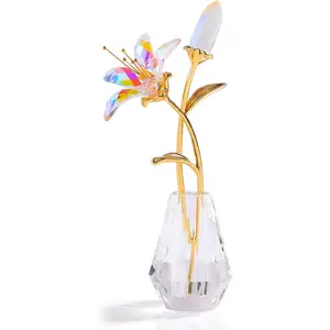 Tiger Lily  with  Vase Metal Stem Lily Flower Collectible Gifts for Women, Glass Lilium Flower Artificial Floral Figurines for Home Wedding Party Decor