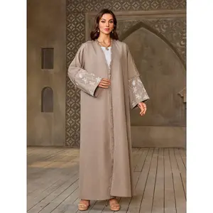 Light-Colored Floral Embroidered Cardigan for Muslim Women, a Stylish Long Lightweight Cover-Up with Beautiful Sleeve, Perfect for Daily Casual Office Wear Or Party Occasions, Featuring a Versatile Design in Regular Sizes
