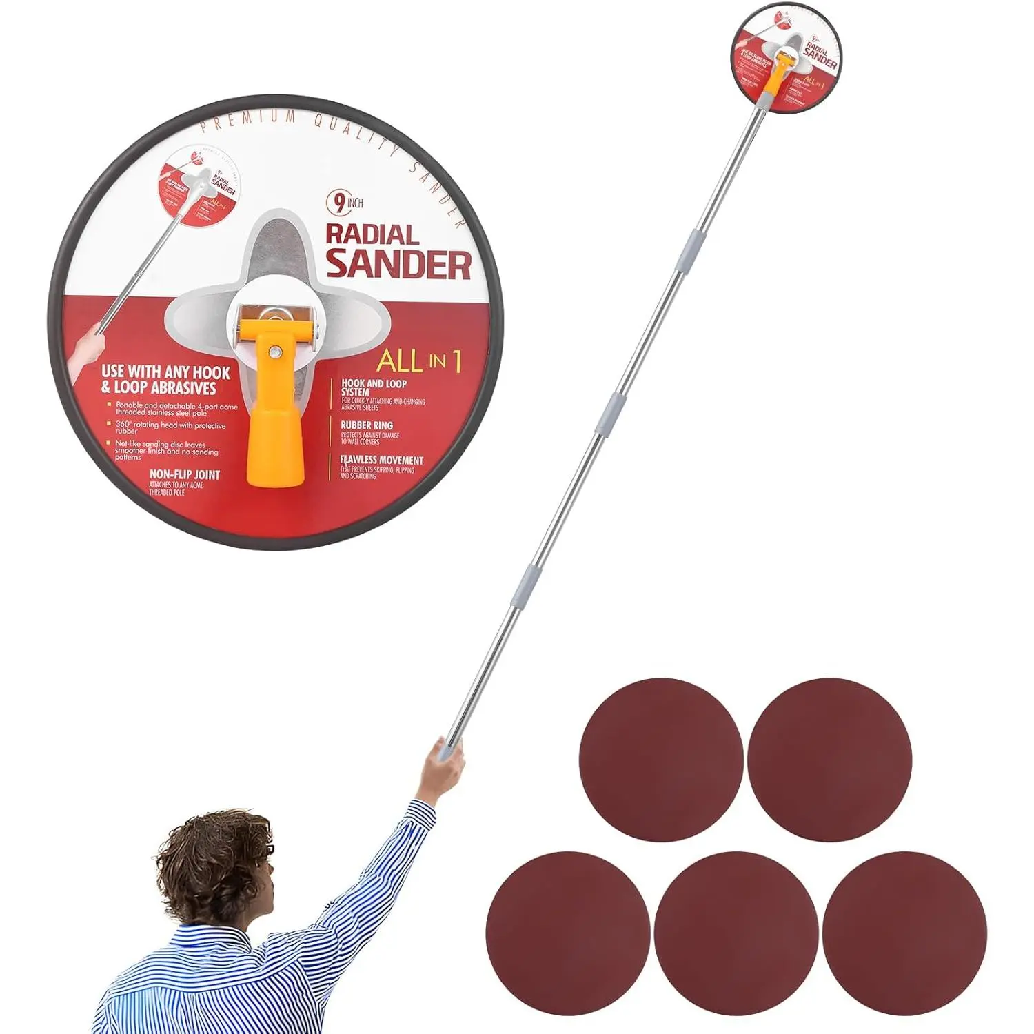 9-Inch High Quality Stainless Steel Manual Drywall Pole Sander, 360-Degree Rotating Head, 86-Inch Adjustable Extension Pole, 5 High Quality Sandpaper Sheets (80,100,120,180,240 Grit) for Smooth & Even Finish, Painting, Home Improvement