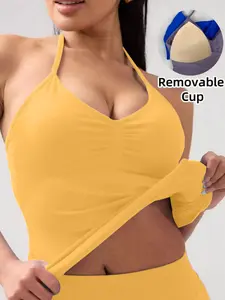 Yellow Y2K Halter Neck Yoga Top with Removable Pads, Seamless Breathable Workout Tank, Quick Dry Slim Fit Sports Cami