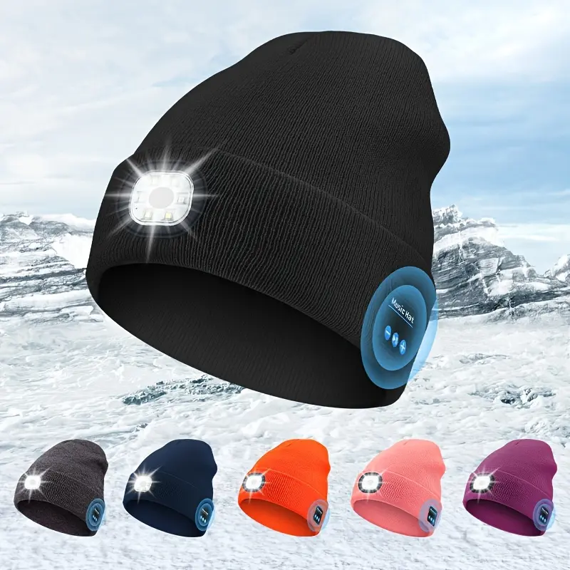 Anime Knitted Headphone Hat for Adults - Wireless LED Light, Built-in Noise Cancellation Mic Headphones, Detachable Electronics, Rechargeable Lithium Battery-Polymer, Button-Controlled (Sports & Outdoor Accessory), Rechargeable Battery, Type-C Jack, Unise