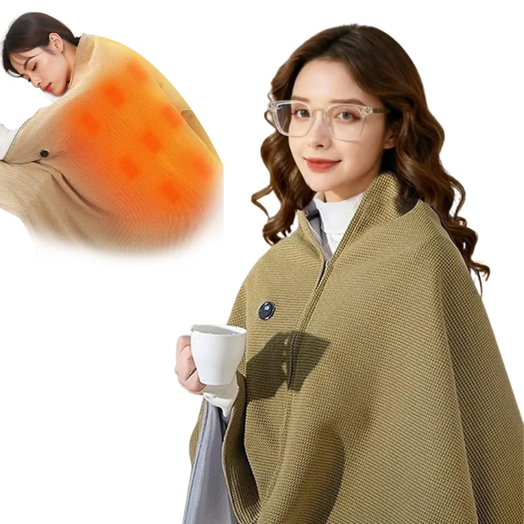 Portable Electric Heated Throw Blanket, Green Knitted Design with Carbon Fiber Heating USB-Powered (Adapter not Included) Travel and Home Use, Multi-Layer Protection Green