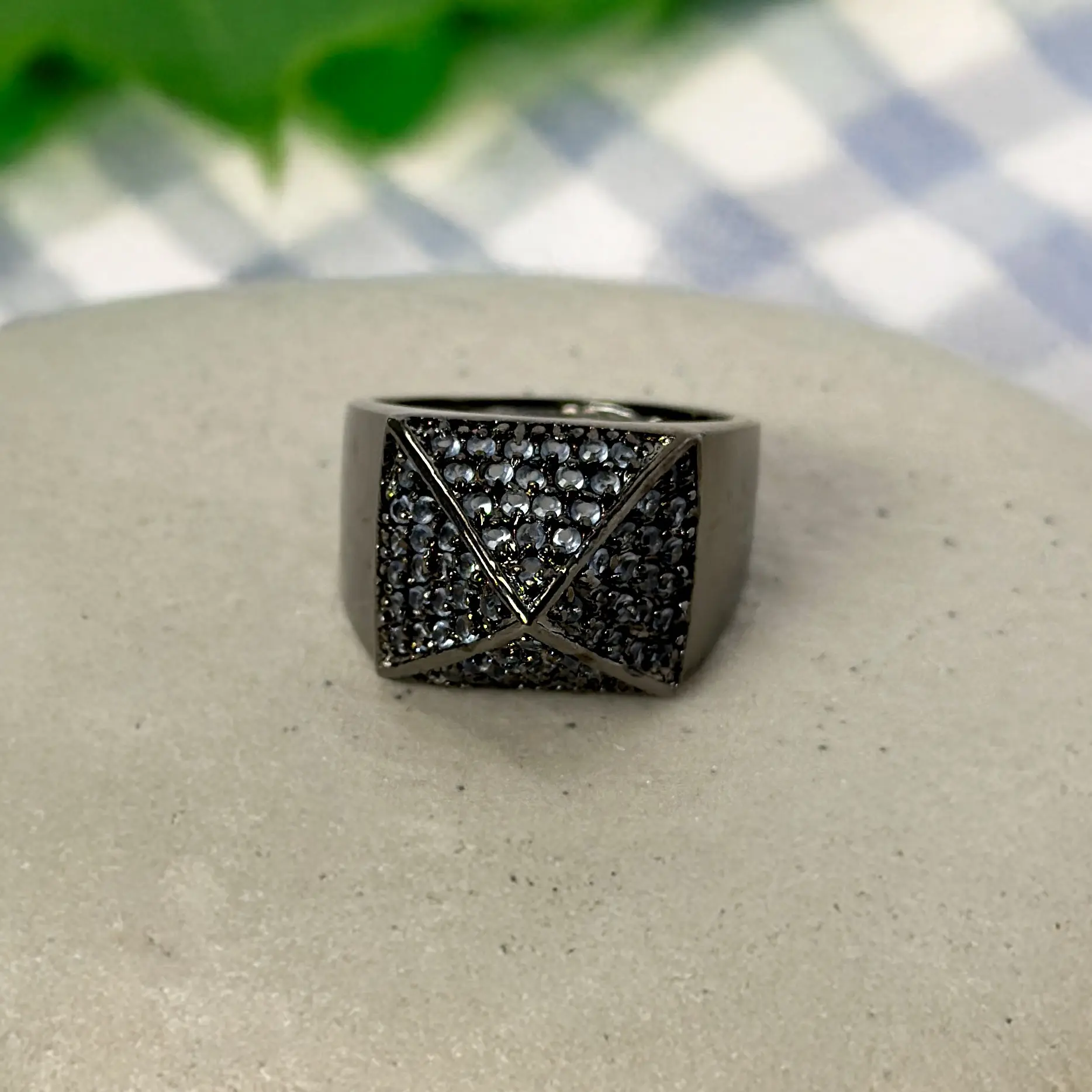White CZ Egyptian Pyramid Ring In Gunmetal, Unique Jewelry, Jewelry Of The Day