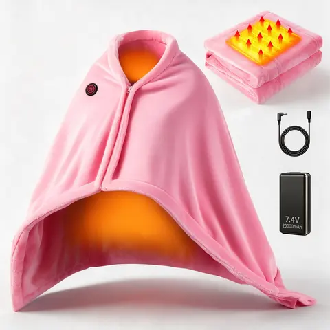 Cordless Heated Poncho Blanket Shawl with 7.4V 20,000mAh Power Bank, DC Round Connector, 15s Fast Heating, 3 Heat Levels, Auto-Off, 67" × 36", Double-Sided Flannel Fleece, Machine Washable Heated Throw for Home, Office, Camping, Travel & Winter Gift
