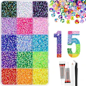 15/40Color Resin Rhinestones Set for Women Crafting Bedazzling, Multicolor Flatback Gems 3mm with Pickup Pen Tweezers - Nail Art Decoration Accessories Tumblers Shoes Clothes Jewels DIY Tools Gift with 40-Grid Storage Box