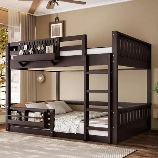 [Bellemave]Twin/Full XL/Queen Bunk Bed with Ladder and Guardrails, Pegboard and bookshelf,