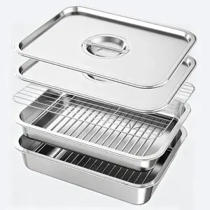 Grill Prep & Serve Tray Set with Lids, 5-Piece Food Prep System for Marinating, & Serving, Stainless BBQ Trays for Raw & Cooked Food Separation (Rack Included)
