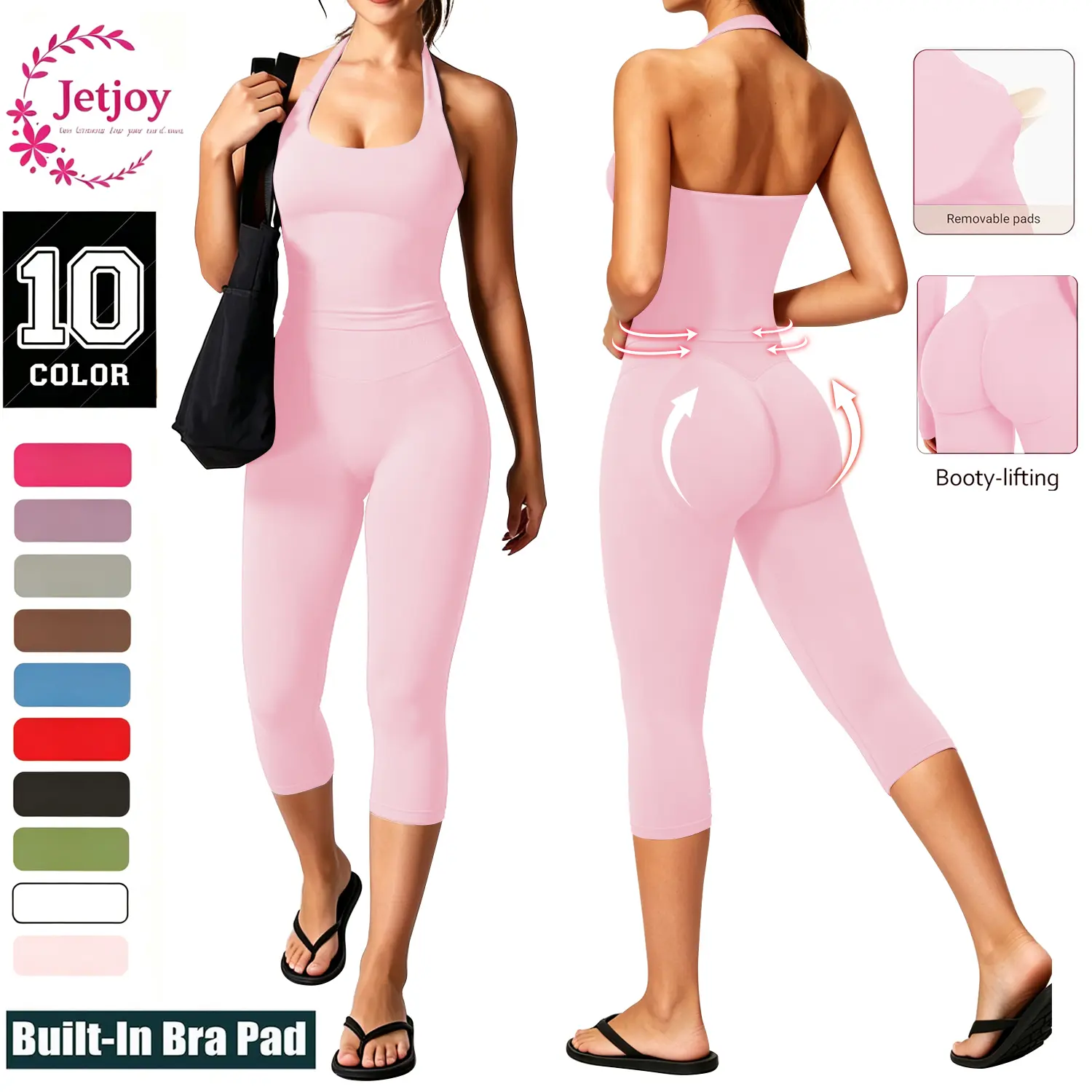 Jetjoy Capri Leggings Going Out Workout matching Sets for Women, Halter Cami Tank Top+Versatile Three-Quarter Shorts Sports Set Butt Lifting Gym Workout Capri Leggings for Women Tummy Control High Waisted Scrunch Butt,  women's casual 2 piece sets
