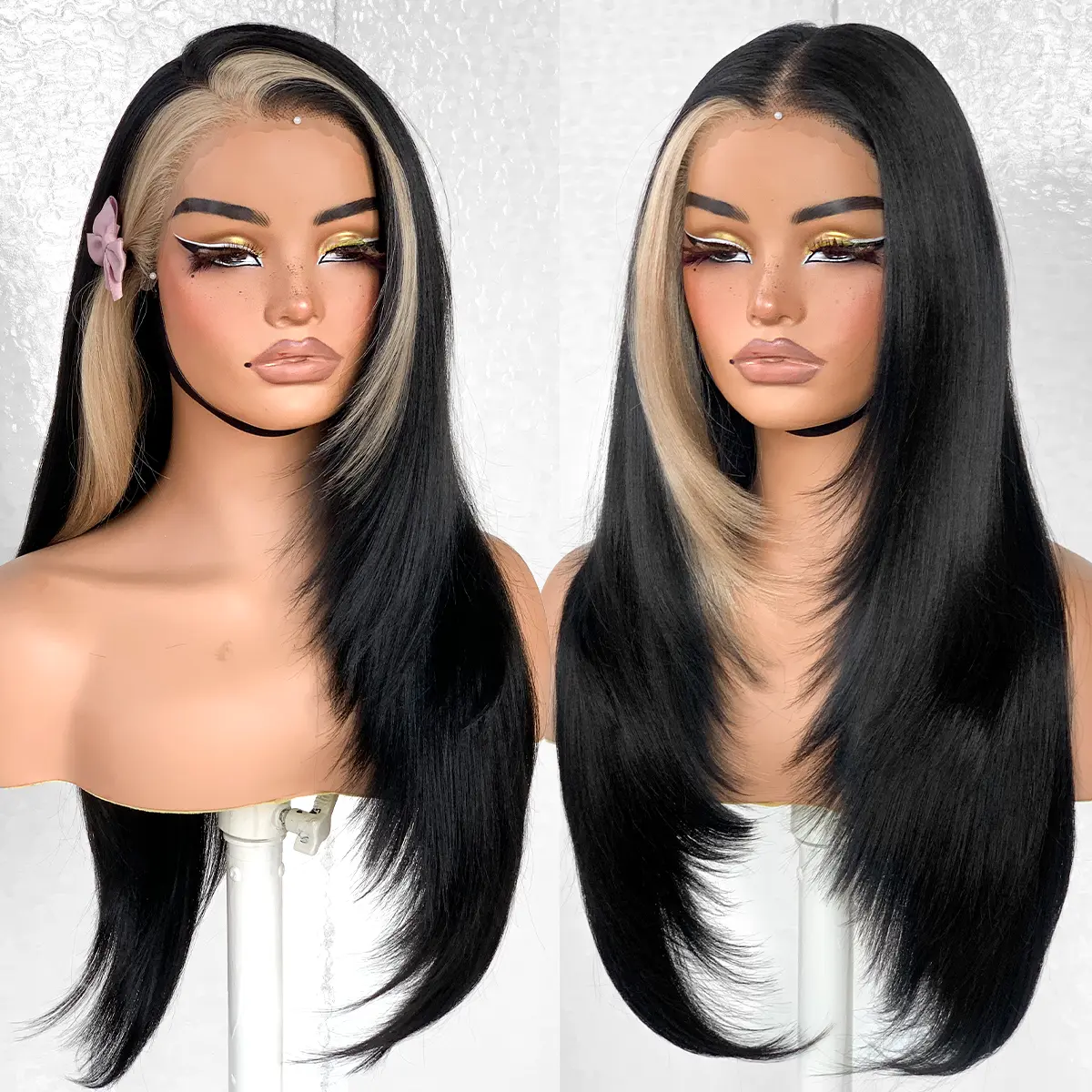 LOVSOUL Layered Straight Glueless Wig 13x6 HD Lace Frontal Wig With Bangs Pre-Plucked Pre-Cut Synthetic Wig Heat Resistant Wear-and-Go Natural Look 220% Dendity For Daily Wear Tiny Knots Natural Hairline#26 inches