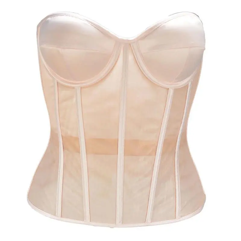 Beige Shapewear Abdominal Corset - Double-Layer Transparent Mesh Breathable Bustier With Built-In Bra, Lace-Up Boned Bodice