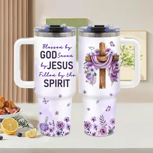 40oz Christian Cross Floral Purple Watercolor Stainless Steel Vacuum Insulated Tumbler - Coffee Mug with Handle & Lid, Portable Reusable Beach-Ready Faith Lover Gift for Women (Home, Church Use)