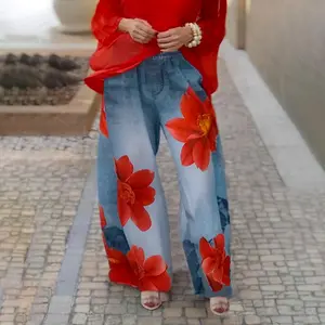 UOOZEE Women's Loose Wide Leg Floral Print Non-Denim Trousers Bottoms (Faux Denim) Pants with Front Pockets and Printed Fake Back Pockets