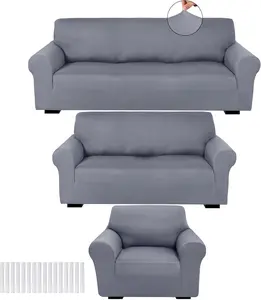 3 count Slipcover Set for Couch Furniture Covers for Sofa Loveseat Couch Arm Chair, Form Fit Stretch, Wrinkle Free, Furniture Protector(Light Gray,Milk Silk Spandex)